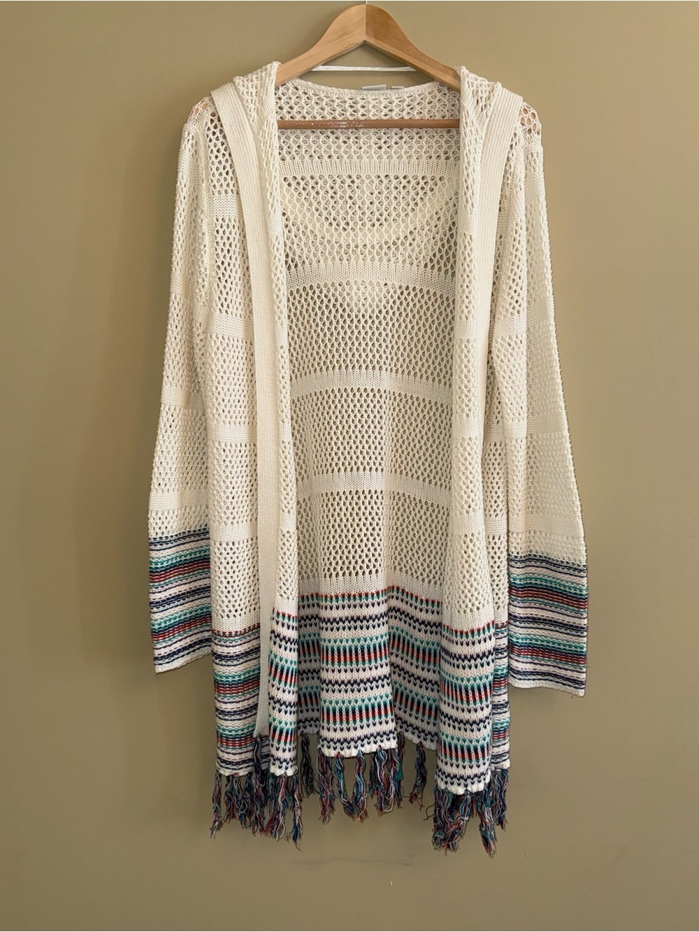 EST 1946 Long Sleeve Crochet Hoodie Duster Ivory Multico Fringe Size XL Beachy